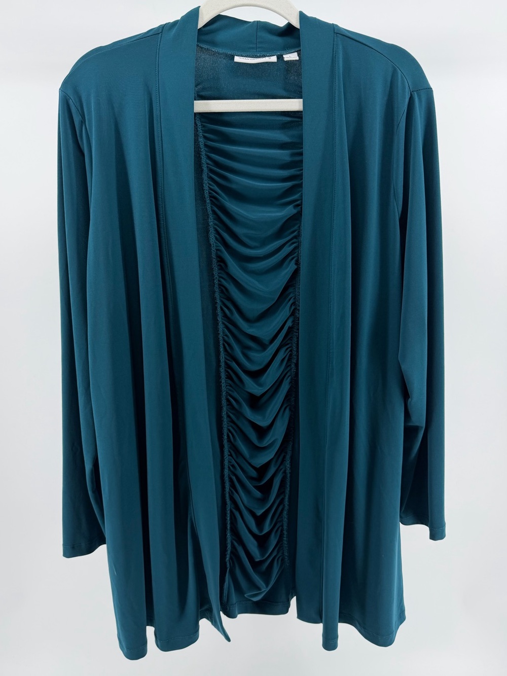 Susan Graver Liquid Knit Ruched Back Open Front Cardigan in Teal Green, Sz Large